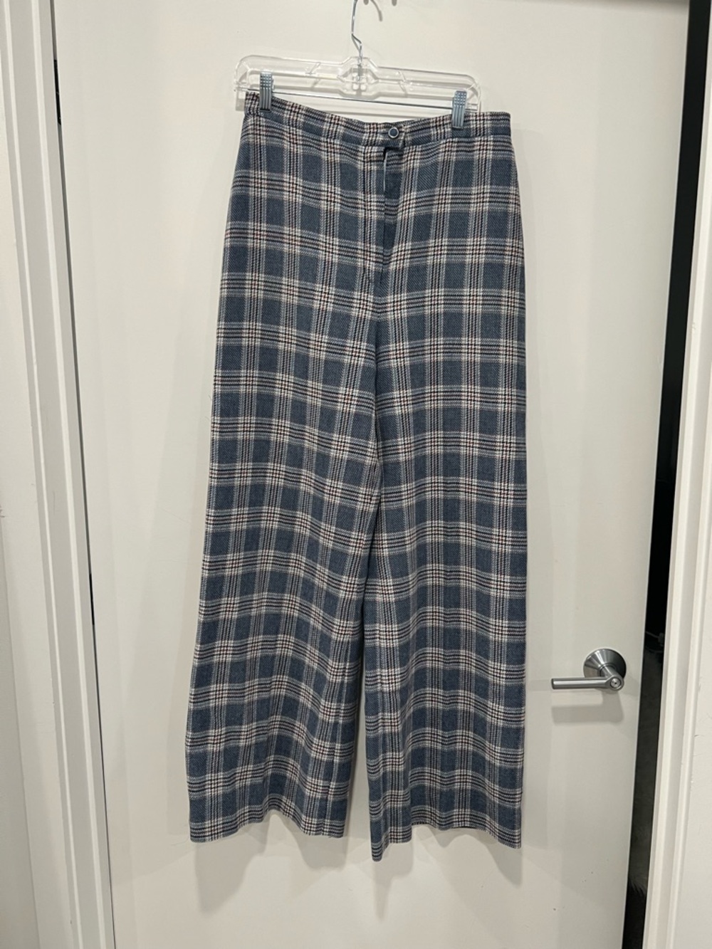 High-Waist Wide Leg Plaid Trousers - Blue & White